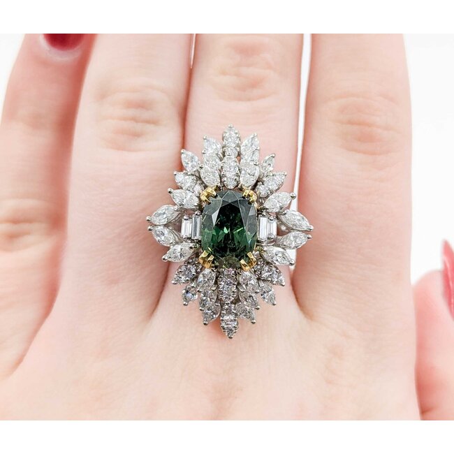 Ring Cocktail 3.82ctw Round, Marquise, Baguette Diamonds GIA 6.13ct Forest Green Demantoid Garnet 18kw 1.25x1" Sz6.5 11.58g 225010056