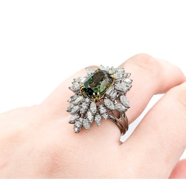 Ring Cocktail 3.82ctw Round, Marquise, Baguette Diamonds GIA 6.13ct Forest Green Demantoid Garnet 18kw 1.25x1" Sz6.5 11.58g 225010056