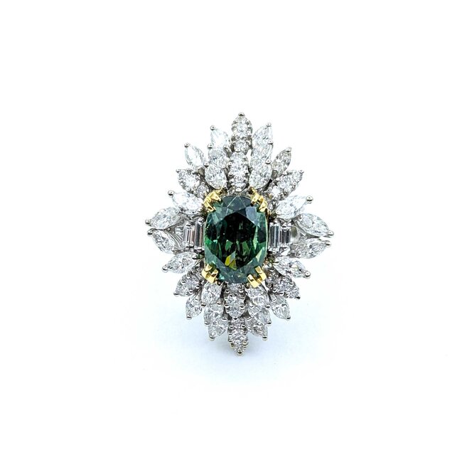 Ring Cocktail 3.82ctw Round, Marquise, Baguette Diamonds GIA 6.13ct Forest Green Demantoid Garnet 18kw 1.25x1" Sz6.5 11.58g 225010056