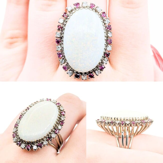 Ring Cocktail .42ctw Round Diamonds 13ct Cabochon Opal .40ctw Rubies 14kw 1.25x.9" Sz7 14.04g 225010052