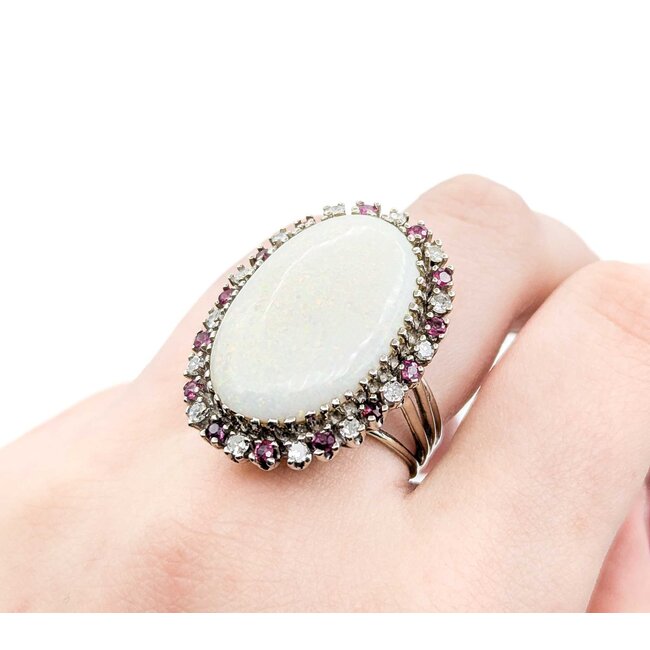 Ring Cocktail .42ctw Round Diamonds 13ct Cabochon Opal .40ctw Rubies 14kw 1.25x.9" Sz7 14.04g 225010052