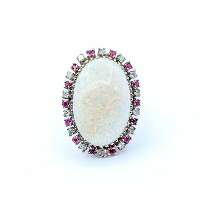 Ring Cocktail .42ctw Round Diamonds 13ct Cabochon Opal .40ctw Rubies 14kw 1.25x.9" Sz7 14.04g 225010052