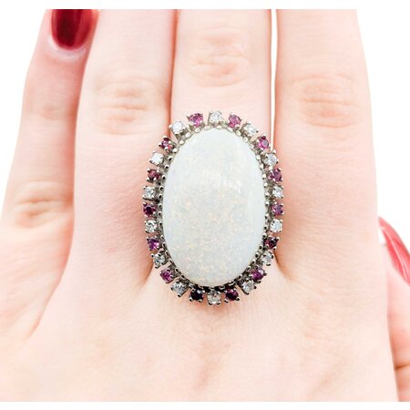 Ring Cocktail .42ctw Round Diamonds 13ct Cabochon Opal .40ctw Rubies 14kw 1.25x.9" Sz7 14.04g 225010052