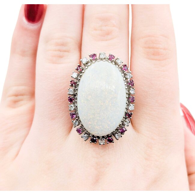 Ring Cocktail .42ctw Round Diamonds 13ct Cabochon Opal .40ctw Rubies 14kw 1.25x.9" Sz7 14.04g 225010052