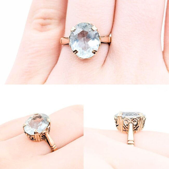 Ring Mid-Century Heart Filigree 12.2x10mm Aquamarine 9ky Sz6 3.92g 125020007
