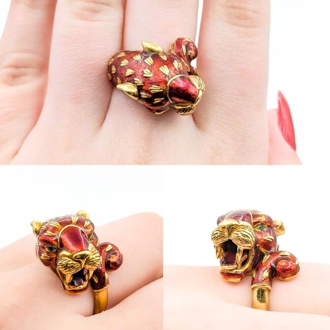 Ring Leopard Red Enamel & Emerald Eyes 18ky 15x18mm Sz8 19.1g 225010109