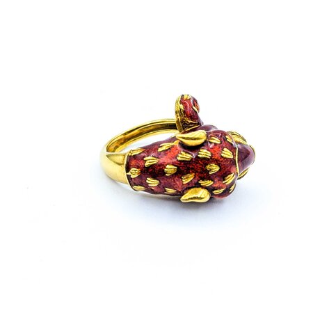 Ring Leopard Red Enamel & Emerald Eyes 18ky 15x18mm Sz8 19.1g 225010109