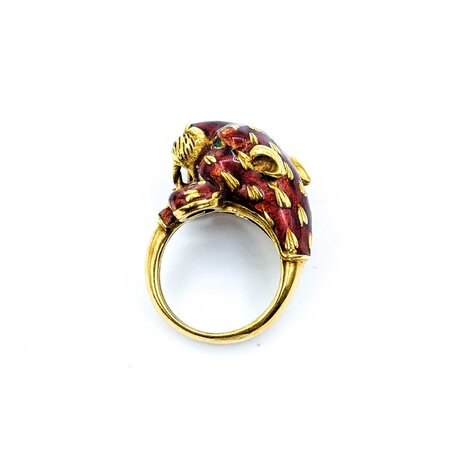 Ring Leopard Red Enamel & Emerald Eyes 18ky 15x18mm Sz8 19.1g 225010109