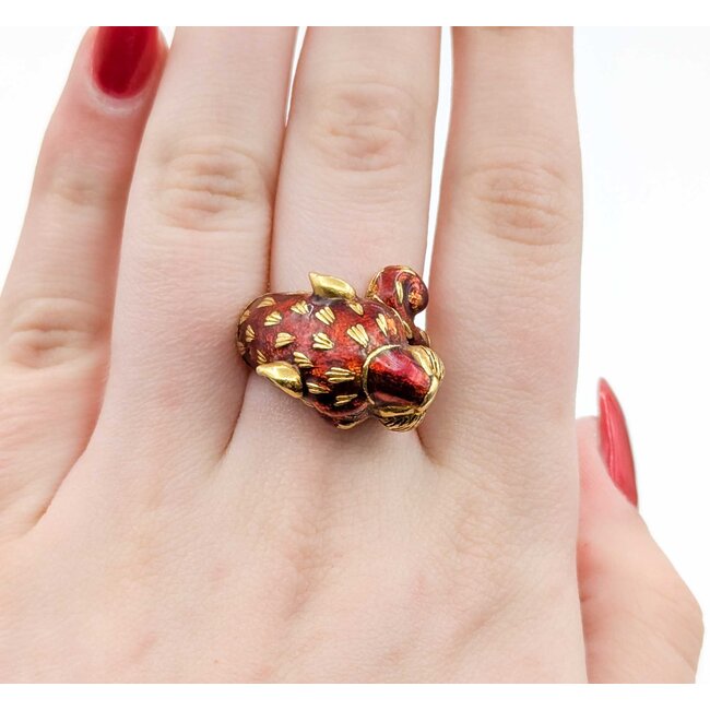 Ring Leopard Red Enamel & Emerald Eyes 18ky 15x18mm Sz8 19.1g 225010109