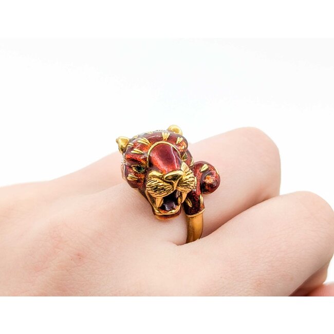 Ring Leopard Red Enamel & Emerald Eyes 18ky 15x18mm Sz8 19.1g 225010109