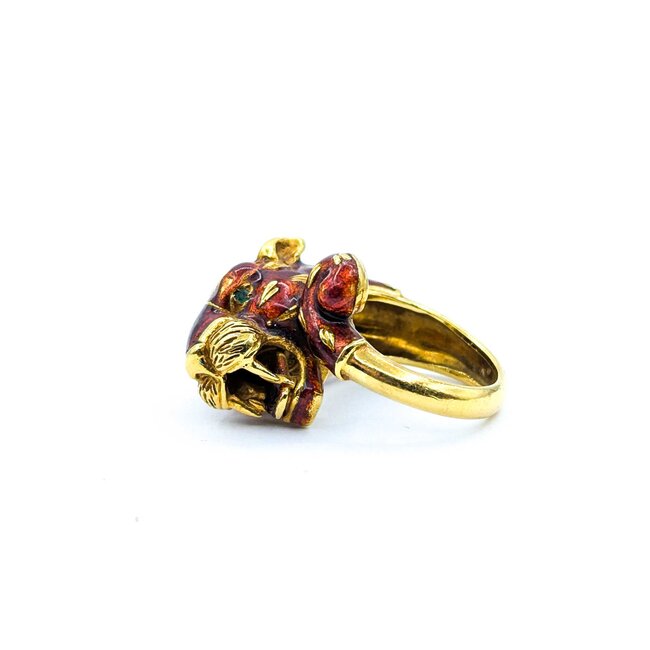 Ring Leopard Red Enamel & Emerald Eyes 18ky 15x18mm Sz8 19.1g 225010109