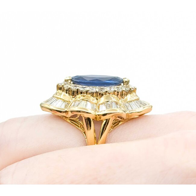 Ring Channel & Prong Set Double Halo 2.70ctw Round & Baguette Diamonds 2.16ct Blue GIA Sapphire 14ky Sz7 13.8g 225010105