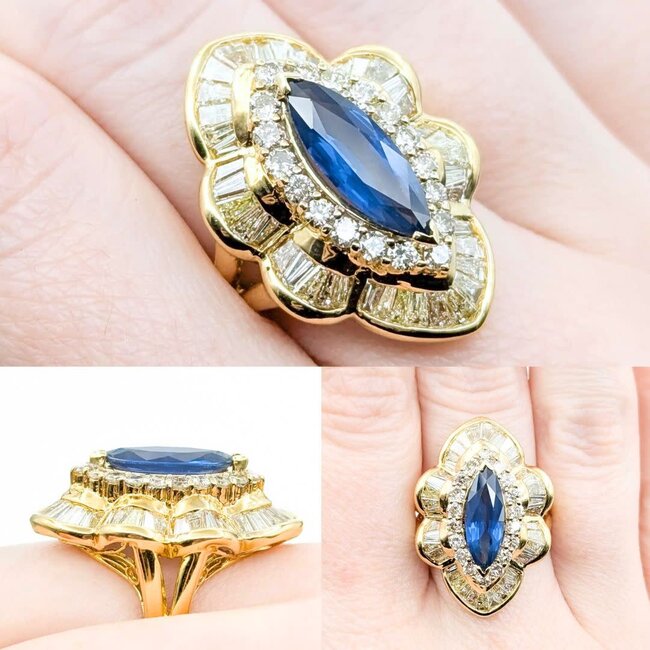 Ring Channel & Prong Set Double Halo 2.70ctw Round & Baguette Diamonds 2.16ct Blue GIA Sapphire 14ky Sz7 13.8g 225010105
