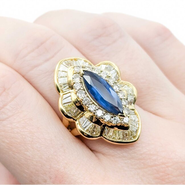 Ring Channel & Prong Set Double Halo 2.70ctw Round & Baguette Diamonds 2.16ct Blue GIA Sapphire 14ky Sz7 13.8g 225010105