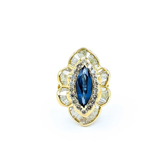 Ring Channel & Prong Set Double Halo 2.70ctw Round & Baguette Diamonds 2.16ct Blue GIA Sapphire 14ky Sz7 13.8g 225010105