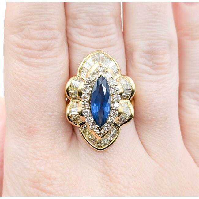 Ring Channel & Prong Set Double Halo 2.70ctw Round & Baguette Diamonds 2.16ct Blue GIA Sapphire 14ky Sz7 13.8g 225010105