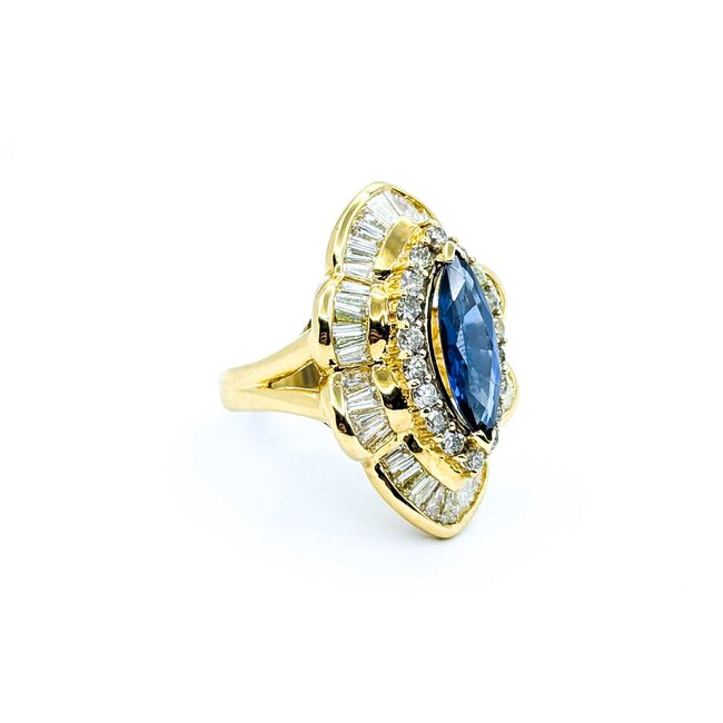 Ring Channel & Prong Set Double Halo 2.70ctw Round & Baguette Diamonds 2.16ct Blue GIA Sapphire 14ky Sz7 13.8g 225010105