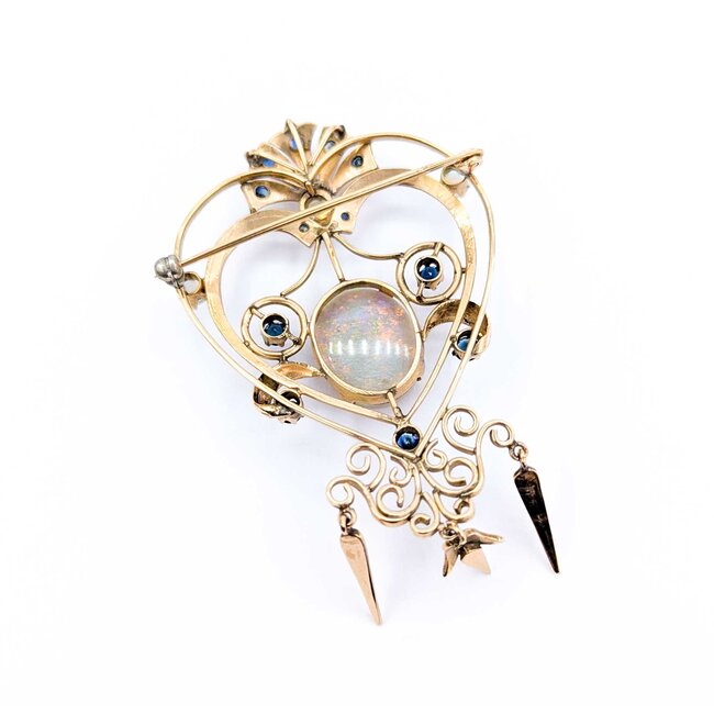 Brooch Heart, Crown, Spikes 7.50ct Opal 1.00ctw Sapphires 14ky 3x2.75" 15.52g 225010087