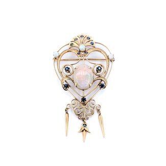 Brooch Heart, Crown, Spikes 7.50ct Opal 1.00ctw Sapphires 14ky 3x2.75" 15.52g 225010087