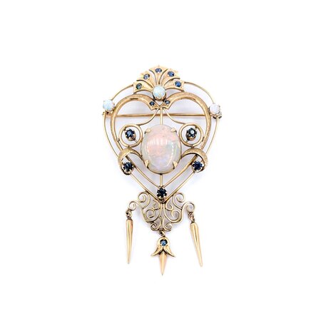 Brooch Heart, Crown, Spikes 7.50ct Opal 1.00ctw Sapphires 14ky 3x2.75" 15.52g 225010087