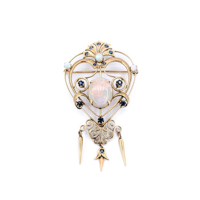 Brooch Heart, Crown, Spikes 7.50ct Opal 1.00ctw Sapphires 14ky 3x2.75" 15.52g 225010087