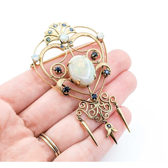 Brooch Heart, Crown, Spikes 7.50ct Opal 1.00ctw Sapphires 14ky 3x2.75" 15.52g 225010087