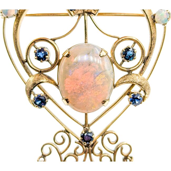 Brooch Heart, Crown, Spikes 7.50ct Opal 1.00ctw Sapphires 14ky 3x2.75" 15.52g 225010087