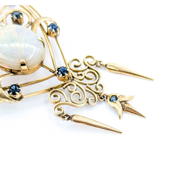 Brooch Heart, Crown, Spikes 7.50ct Opal 1.00ctw Sapphires 14ky 3x2.75" 15.52g 225010087
