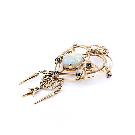 Brooch Heart, Crown, Spikes 7.50ct Opal 1.00ctw Sapphires 14ky 3x2.75" 15.52g 225010087