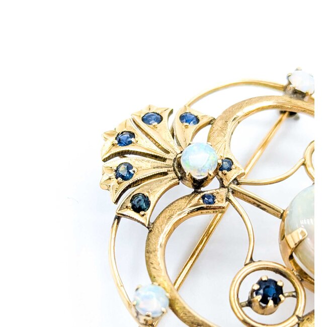 Brooch Heart, Crown, Spikes 7.50ct Opal 1.00ctw Sapphires 14ky 3x2.75" 15.52g 225010087