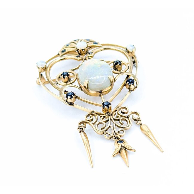 Brooch Heart, Crown, Spikes 7.50ct Opal 1.00ctw Sapphires 14ky 3x2.75" 15.52g 225010087