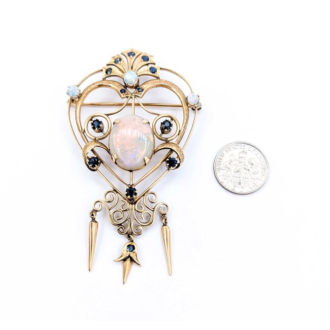 Brooch Heart, Crown, Spikes 7.50ct Opal 1.00ctw Sapphires 14ky 3x2.75" 15.52g 225010087