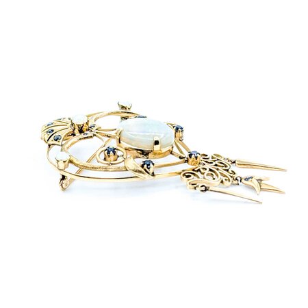 Brooch Heart, Crown, Spikes 7.50ct Opal 1.00ctw Sapphires 14ky 3x2.75" 15.52g 225010087