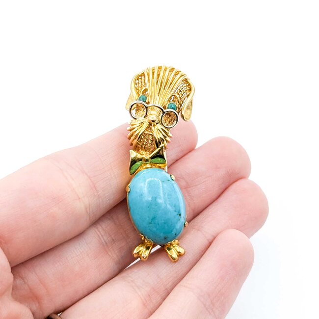 Brooch Intellectual Dog 18x13mm Turquoise 18ky 1.9x.6" 11.92g 225010088