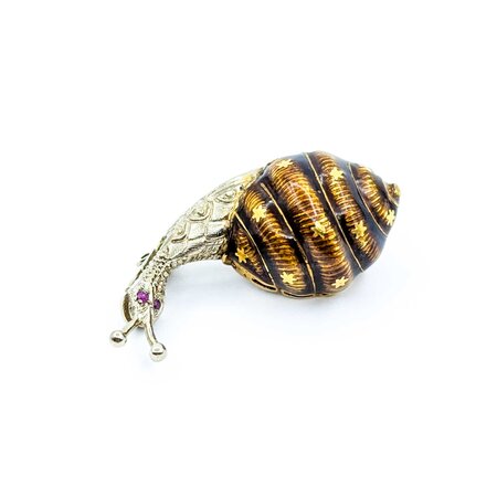 Brooch Mid-Century Snail .02ctw Rubies 18kw 1.5x.7" 9.02g 225010098