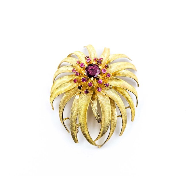 Brooch Flower Design .85ctw Rubies 18ky 1.75x1.55" 18g 225010076