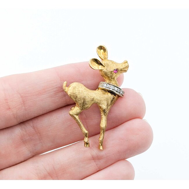 Brooch Deer .07ctw Round Diamonds .02ct Ruby 18ky 1.5x.9" 7.17g 225010083