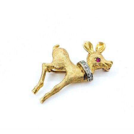 Brooch Deer .07ctw Round Diamonds .02ct Ruby 18ky 1.5x.9" 7.17g 225010083