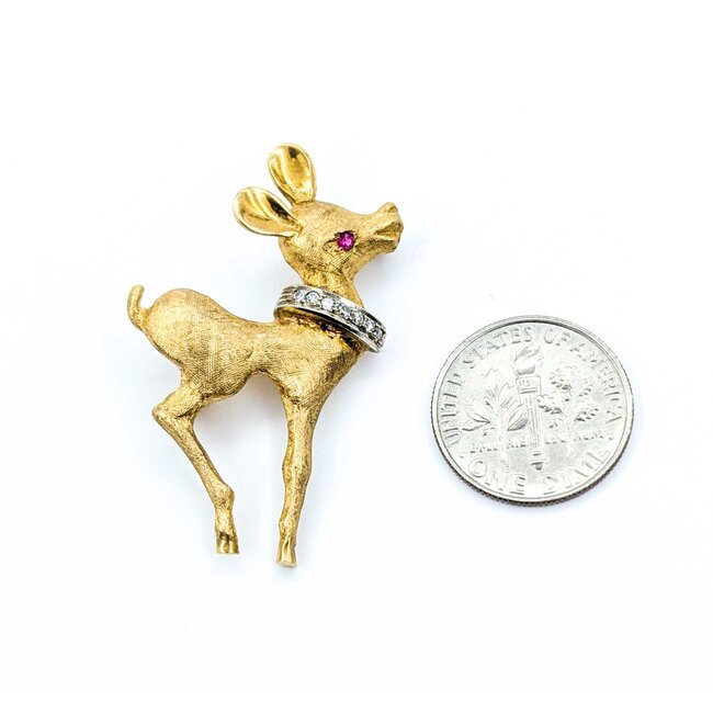 Brooch Deer .07ctw Round Diamonds .02ct Ruby 18ky 1.5x.9" 7.17g 225010083