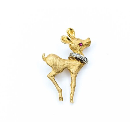 Brooch Deer .07ctw Round Diamonds .02ct Ruby 18ky 1.5x.9" 7.17g 225010083