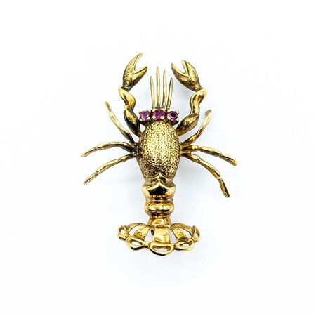 Brooch Mid-Century, Lobster .14ctw Rubies 18ky 1.6x1.25" 9.5g 225010102