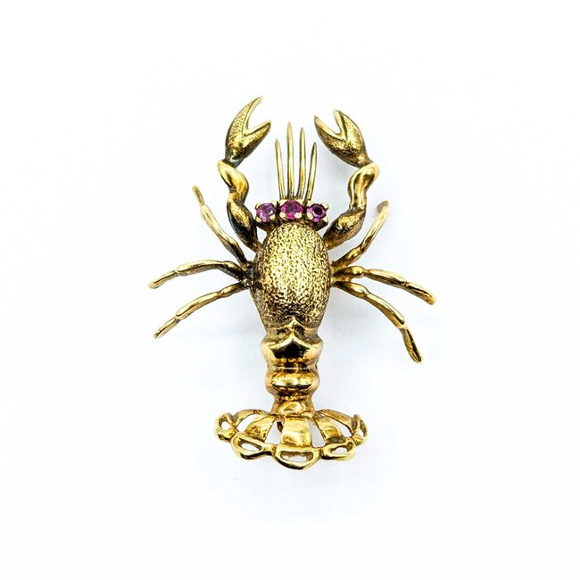 Brooch Mid-Century, Lobster .14ctw Rubies 18ky 1.6x1.25" 9.5g 225010102
