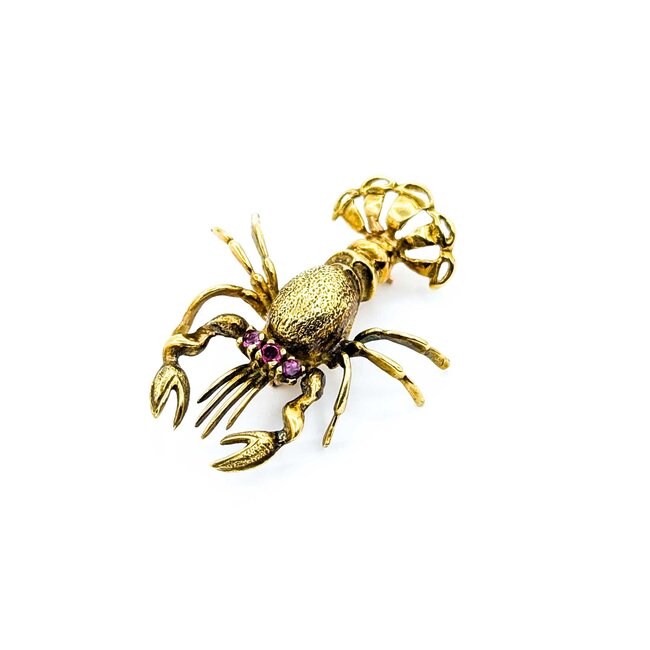 Brooch Mid-Century, Lobster .14ctw Rubies 18ky 1.6x1.25" 9.5g 225010102