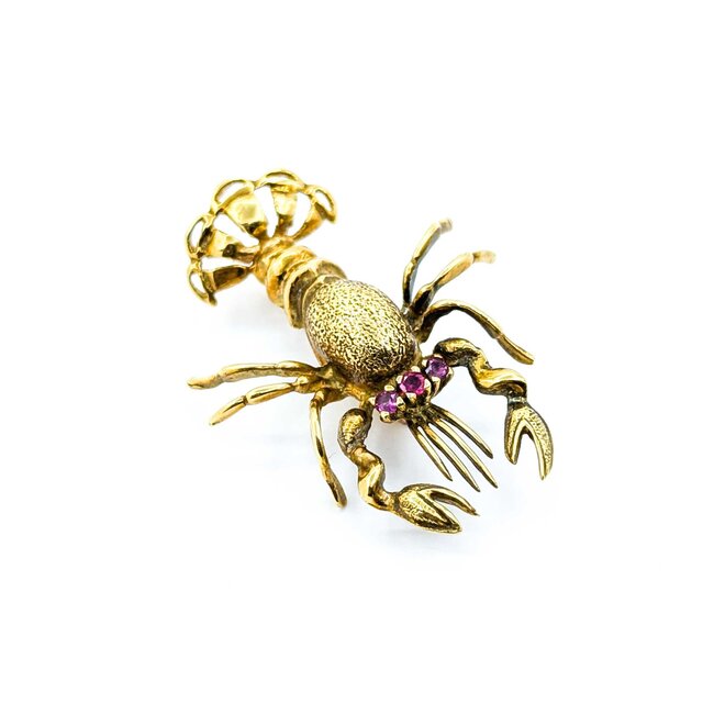 Brooch Mid-Century, Lobster .14ctw Rubies 18ky 1.6x1.25" 9.5g 225010102