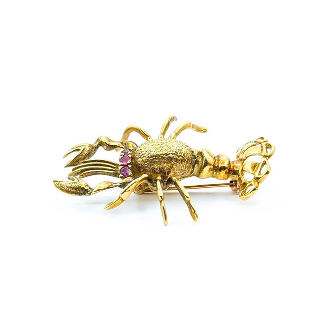 Brooch Mid-Century, Lobster .14ctw Rubies 18ky 1.6x1.25" 9.5g 225010102