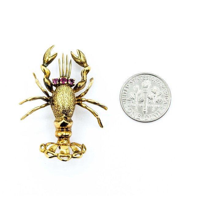 Brooch Mid-Century, Lobster .14ctw Rubies 18ky 1.6x1.25" 9.5g 225010102