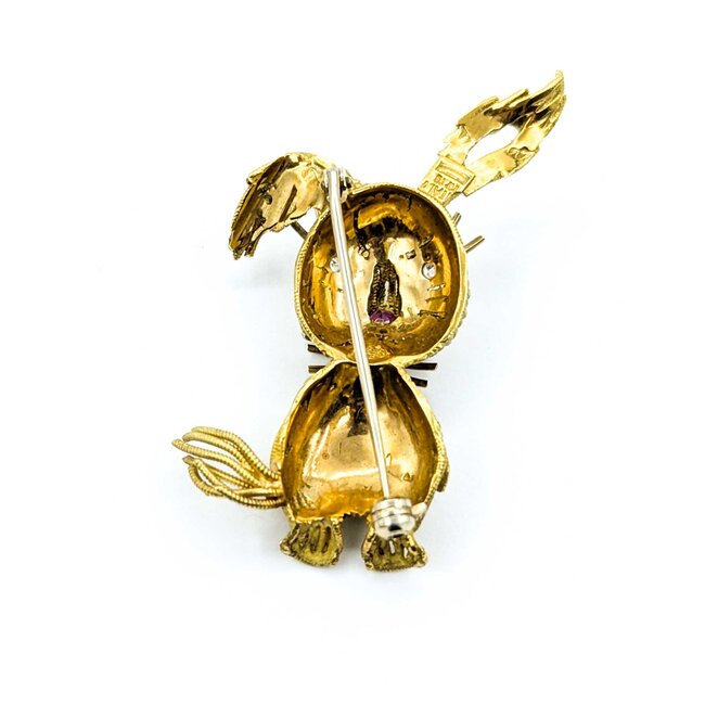 Brooch Mid-Century Whimsical Rabbit .04ctw Round Diamonds .08ct Ruby 18ky 1.75x1.25" 10.27g 225010097