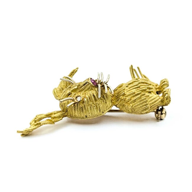 Brooch Mid-Century Whimsical Rabbit .04ctw Round Diamonds .08ct Ruby 18ky 1.75x1.25" 10.27g 225010097