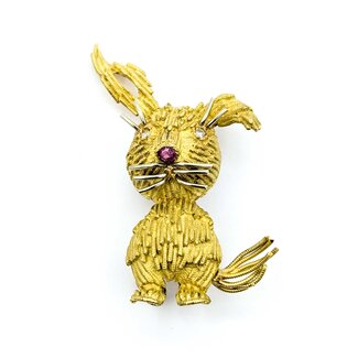 Brooch Mid-Century Whimsical Rabbit .04ctw Round Diamonds .08ct Ruby 18ky 1.75x1.25" 10.27g 225010097
