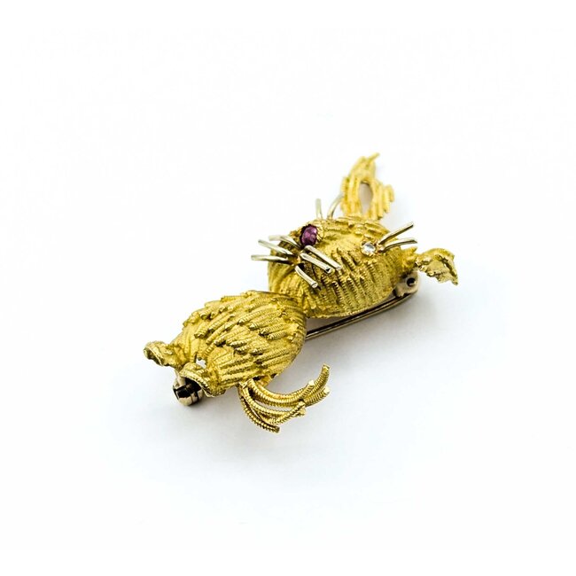 Brooch Mid-Century Whimsical Rabbit .04ctw Round Diamonds .08ct Ruby 18ky 1.75x1.25" 10.27g 225010097
